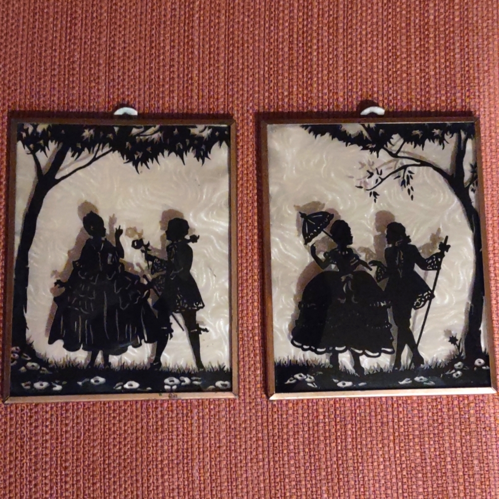 Vintage Convex Glass Reverse Painted Silhouette Pictures